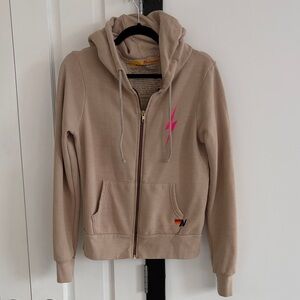 Aviator Nation Tan Hoodie with Pink Lightning Bolt